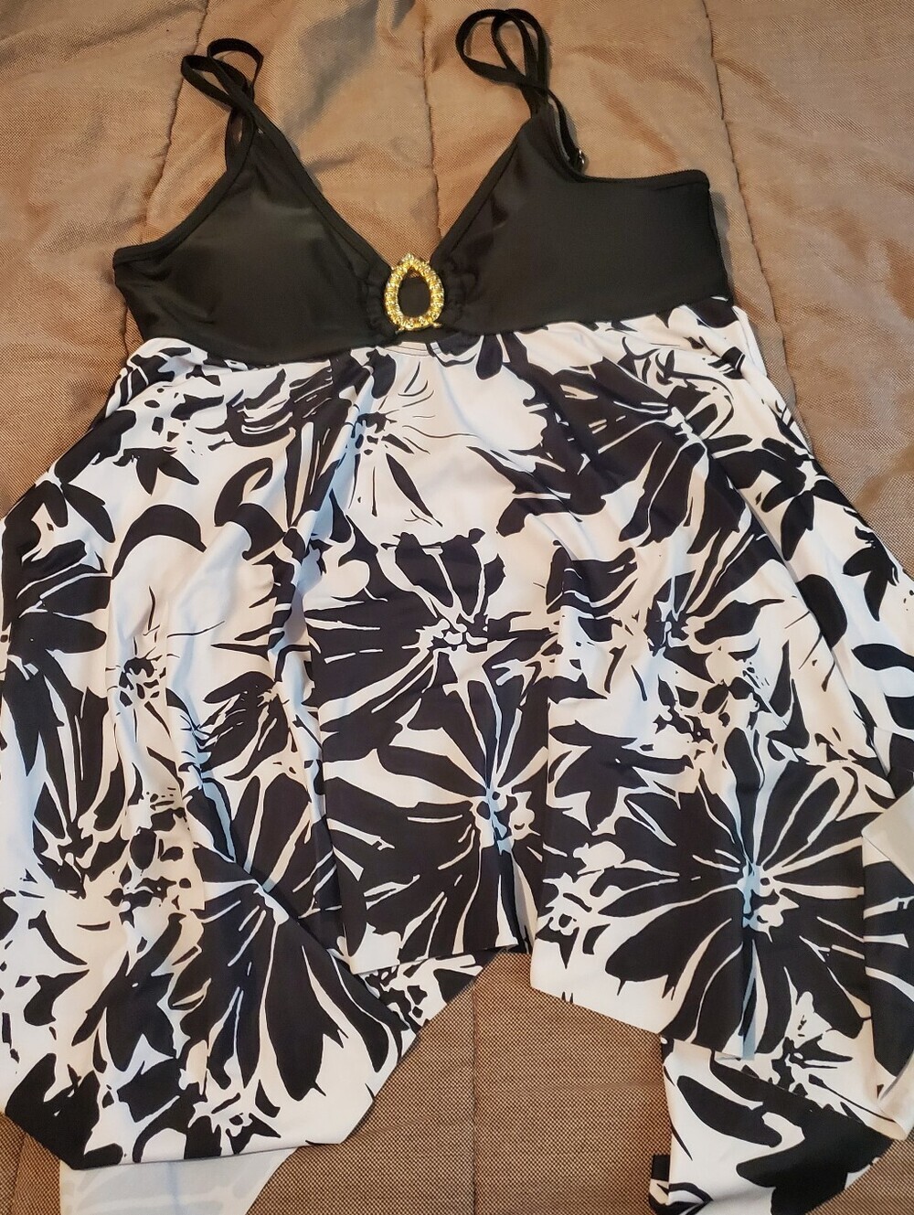 Tankini Swimdress Top V-Neck Floral Black White Hanky Hem Swimsuit Women's SZ XL - Picture 2 of 7